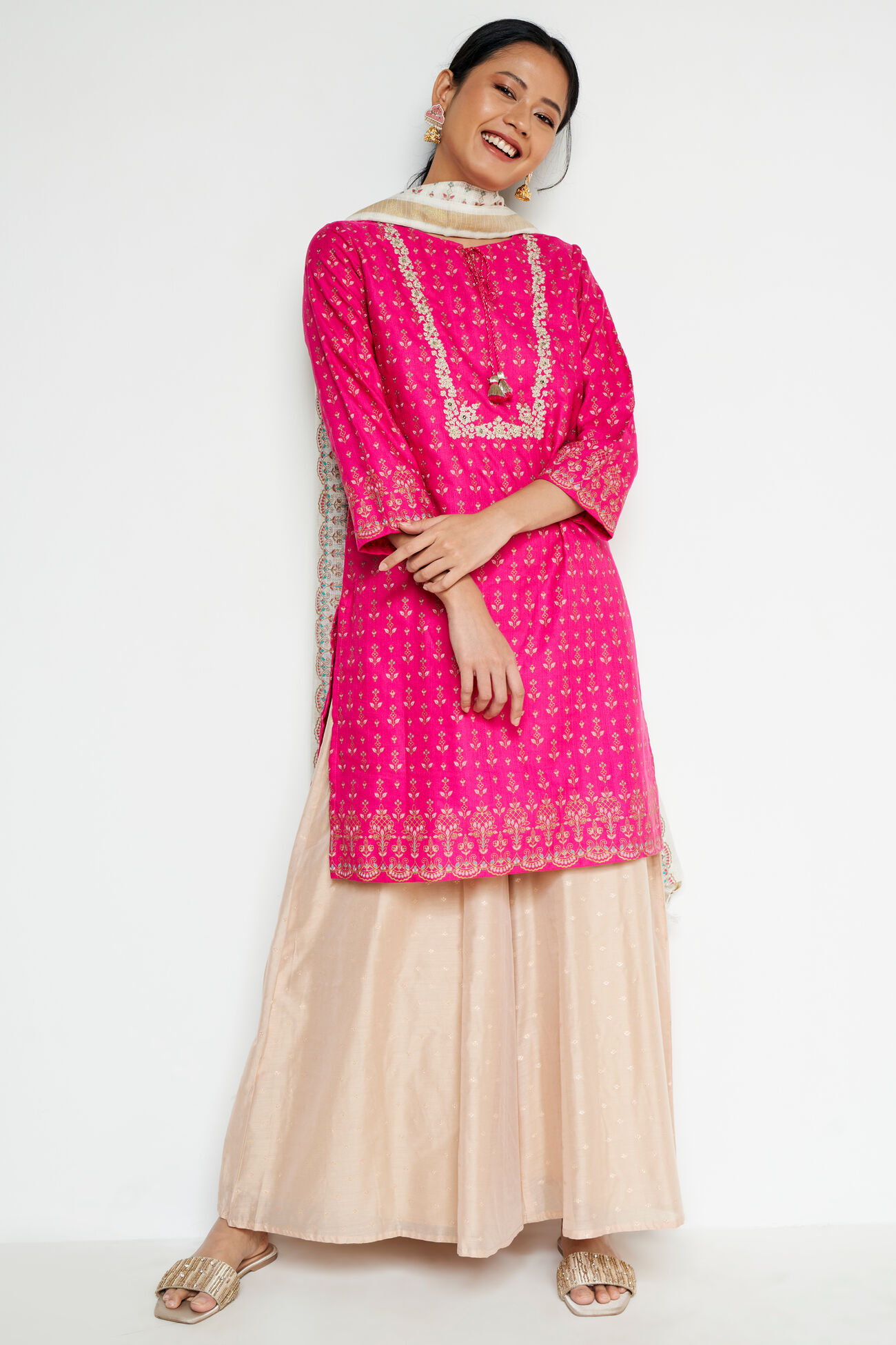 Hot Pink Ethnic Motifs Straight Suit, Hot Pink, image 1